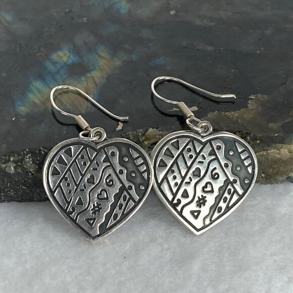 Sterling Silver 925 Mexico Oxidized Geometric Pattern Heart Dangle Earrings - Picture 7 of 16